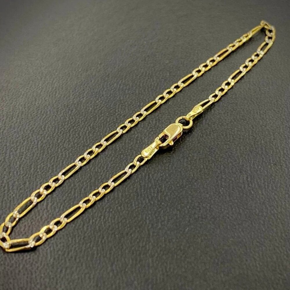 14K Yellow Gold Two Tone Bracelet Figaro 7" Chain for Kids Fashion Design Gifts